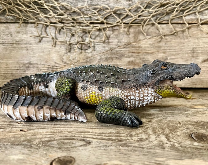 American Alligator with Curled Tail Hand-Painted Resin Sculpture