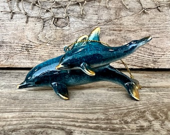 Blue Polyresin Dolphin Mother & Baby Ornament Figurine