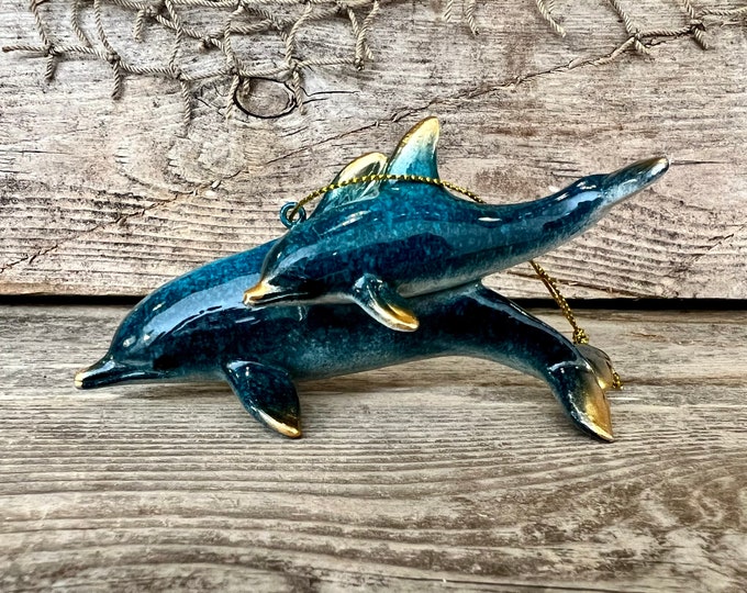 Blue Polyresin Dolphin Mother & Baby Ornament Figurine