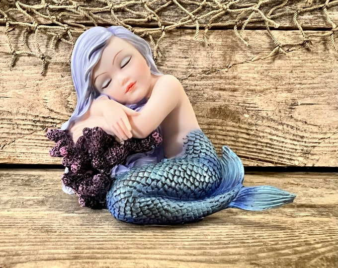 Lavender Haired Mermaid with Blue Tail Resting On Purple Coral Tabletop Statuette