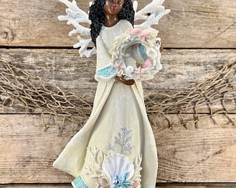 Heavenly Resin Caribbean Coastal Angel Holding Starfish,  Seashell Driftwood Wreath with Sparkling Coral and Sea Life Robe