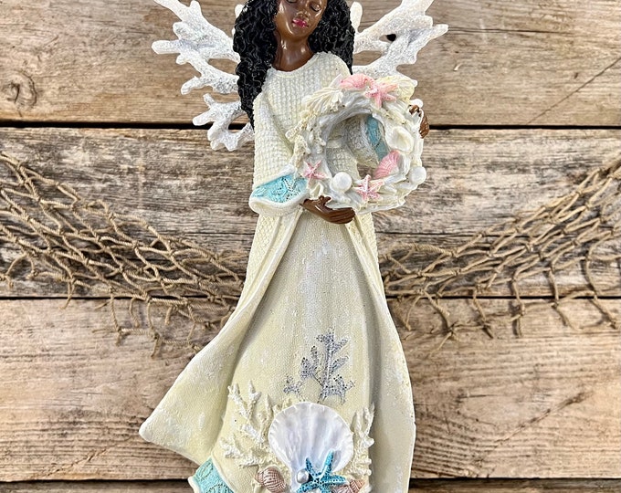 Heavenly Resin Caribbean Coastal Angel Holding Starfish,  Seashell Driftwood Wreath with Sparkling Coral and Sea Life Robe