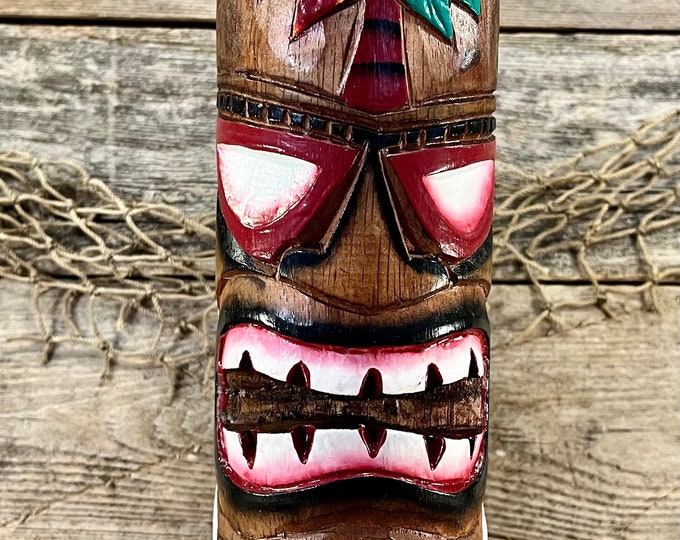 Hand-Carved, Hand-Painted Wood “Coconut Palm” Tiki Totem Pole Tabletop Sculpture