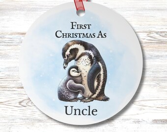 Personalized First Christmas As Uncle Penguin Ornament Custom Name Coastal Holiday Ocean Animal Round Christmas Gift for Beach Lovers