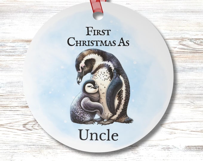 Personalized First Christmas As Uncle Penguin Ornament Custom Name Coastal Holiday Ocean Animal Round Christmas Gift for Beach Lovers