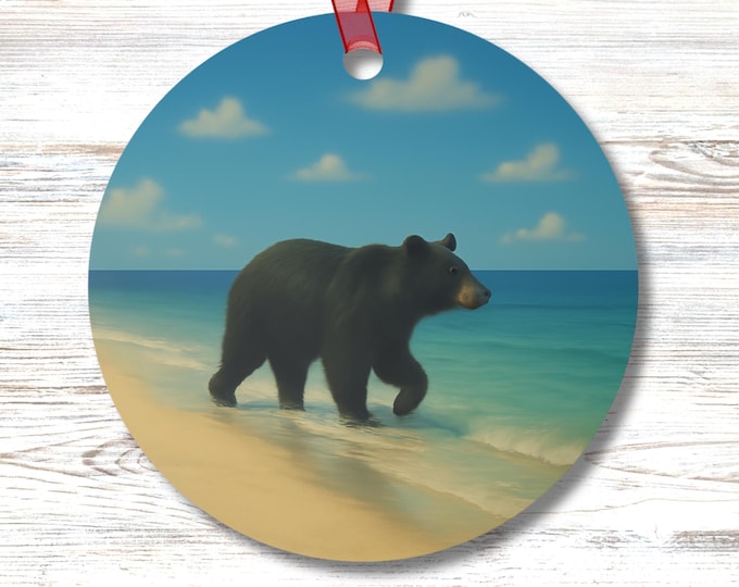 Black Bear Beach Ornament Coastal Wildlife Decor Round Metal Christmas Tree Keepsake Double Sided with Red Ribbon Rustic Cabin Gift