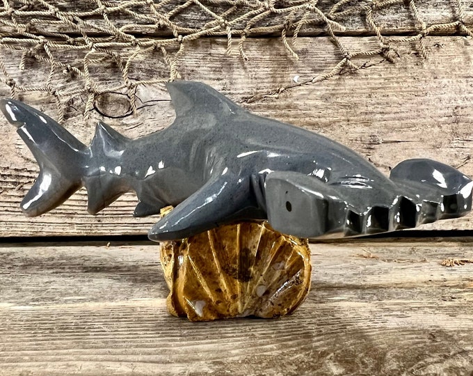 Gray Hammerhead Shark Handmade Marble Figurine On Natural Marble Base