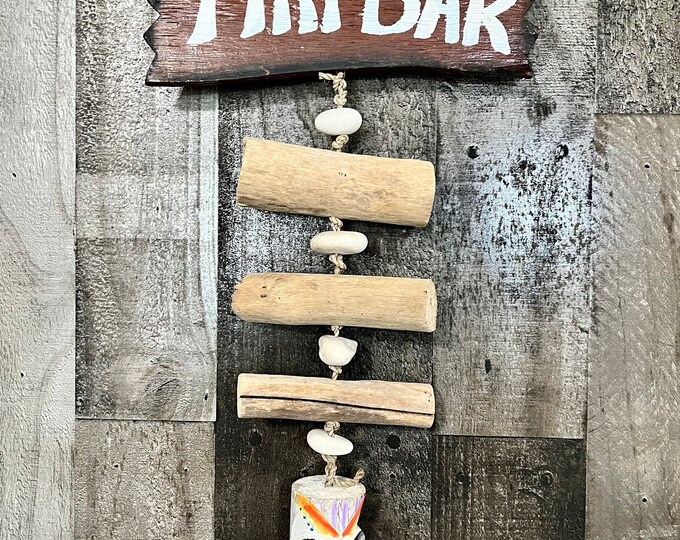 Handmade “Tiki Bar” Indoor/Outdoor Decorative Garland with Natural Pebbles, Driftwood and Hand-Painted Totem