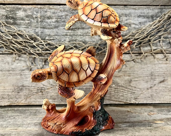 Resin Wood-Look Sea Turtle Pair Exploring Ocean Bottom Statue