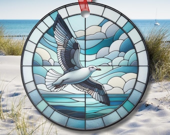 Suncatcher-Inspired Majestic Seagull Ornament Metal with Blue Ocean Background Coastal Christmas or Car Decor Gift for Beach Nautical Lovers