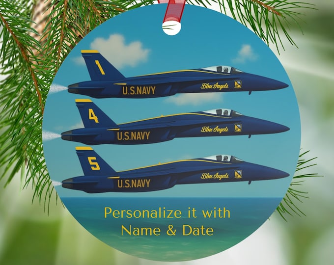 Personalized Blue Angels Ornament US Navy Jets Over Beach Scene Double Sided Metal Keepsake Coastal Christmas Gift for Him or Her