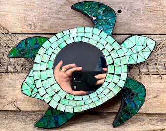 Mosaic Glass Sea Turtle Mirror with Blue, Turquoise, Green and Aqua Tiles with Gold Accents