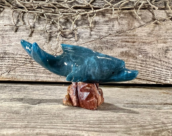 Hand-Carved Blue Marble Dolphin On Stone Base Figurine