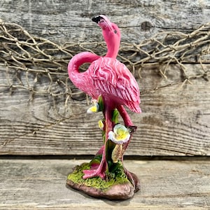 Pink Flamingo Gazing Upward with White Tropical Flowers Hand-Painted Unique Florida Tabletop Coastal Figurine