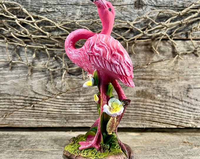 Pink Flamingo Gazing Upward with White Tropical Flowers Hand-Painted Unique Florida Tabletop Coastal Figurine