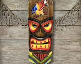 Hand Painted Parrot Tiki Mask: Tropical Coastal Wall Art