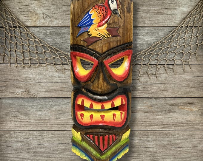 Hand Painted Parrot Tiki Mask: Tropical Coastal Wall Art