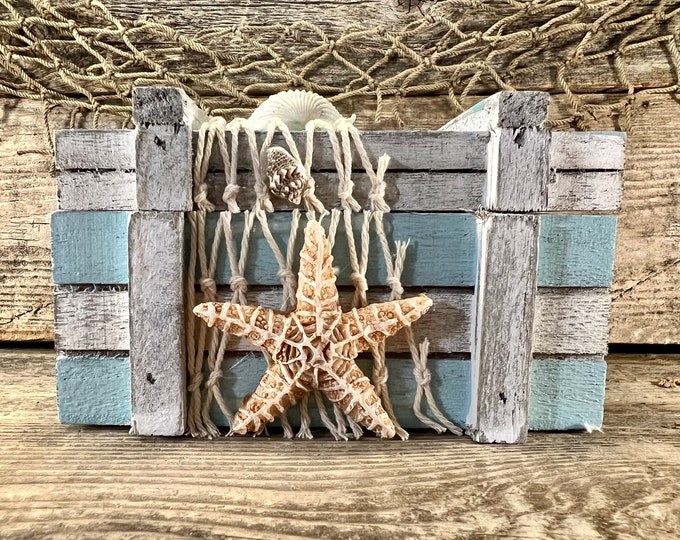 Distressed Light Blue and White Handmade Wood Coastal Keeper Box with Starfish, Seashells, and Fishing Net