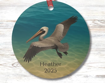 Personalized Flying Pelican Ornament Coastal Sea Bird Decor Double Sided Ocean Animal Beach Christmas Tree Ornament Gift for Her or Him