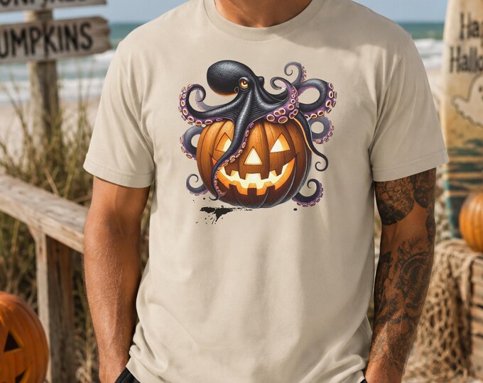 Halloween Octopus T Shirt with Jack O Lantern Coastal Spooky Graphic Tee