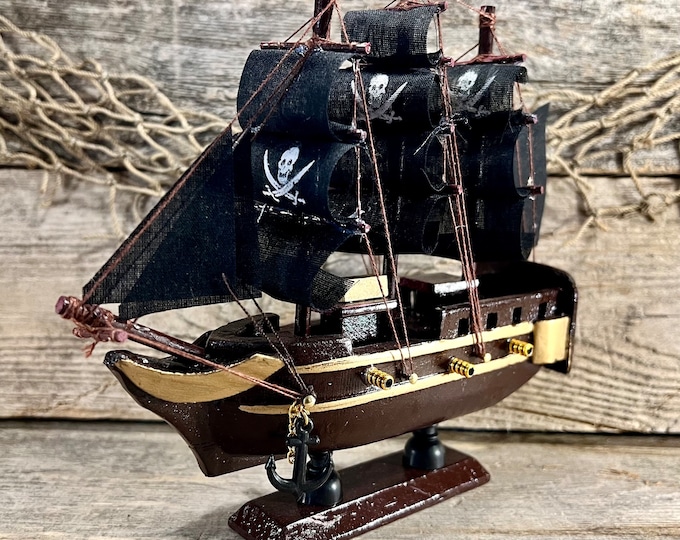 Handcrafted Wood Pirate Ship with Brown Hull and Gold Accents and Jolly Roger Sails Tabletop Decor