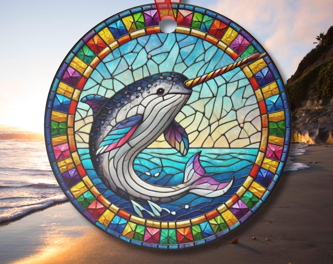 Suncatcher Inspired Narwhal Whale Ornament Round Metal Beach Lover Gift Unicorn Lover Christmas Tree Desk Car Mirror Charm Coastal Decor