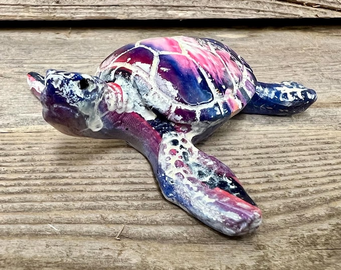 Miniature Sea Turtle Figurine with Sea Life Shell Pattern Coastal Beach Decor Small Sea Turtle Gift Ocean Lover Shelf Accent Collectible