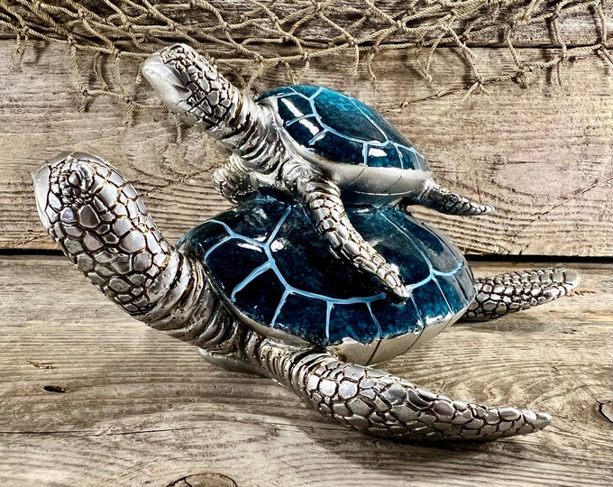 Metallic-Look Silver Mother and Baby Loggerhead Sea Turtles with Blue Shells Tabletop Figure
