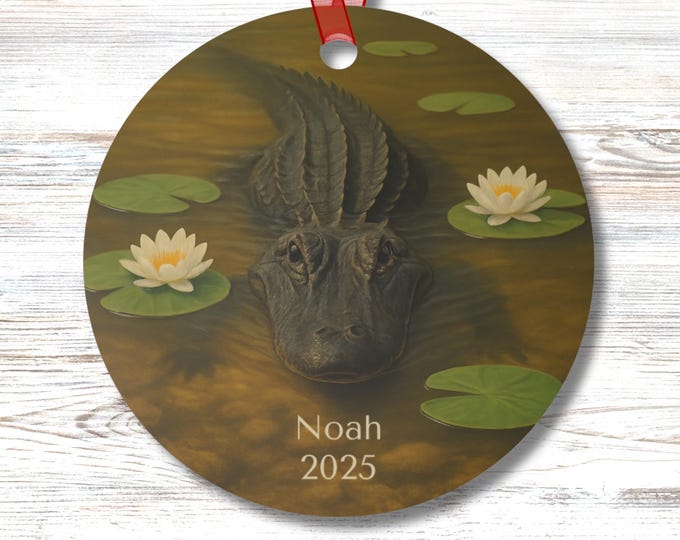 Personalized Alligator Ornament Swamp Lily Pads Bayou Wildlife Decor Double Sided Gator Gift for Him Her Southern Florida Keepsake