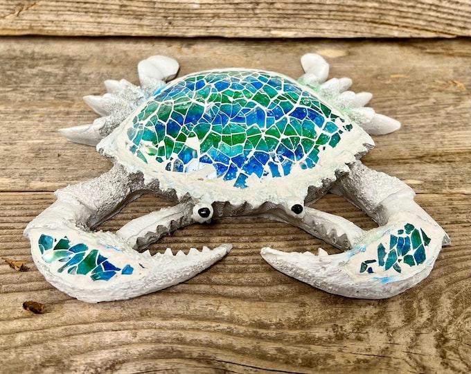 Teal Blue Cream Crushed Glass Shell Crab Figurine Rustic Coastal Tabletop Decor Beach House Accent Gift for Ocean Lovers