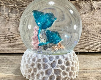 Mother and Baby Blue Stingray Exploring Coral Reef with Pink Sea Anemone Resin and Glass Water Globe On Coral Base