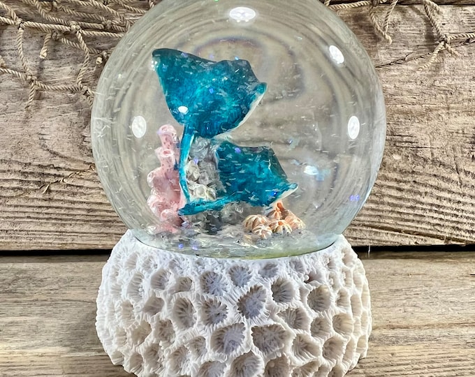 Mother and Baby Blue Stingray Exploring Coral Reef with Pink Sea Anemone Resin and Glass Water Globe On Coral Base