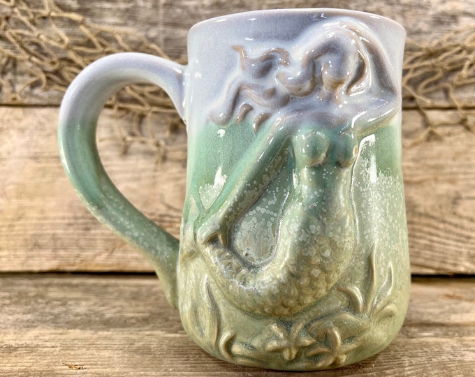 Mermaid Coffee Mug; PERFECTLY BALANCED Two-Tone Green, Cream and White Glazed Ceramic