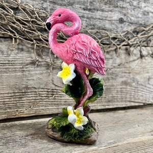 Pink Flamingo Resting with White Tropical Flowers Hand-Painted Unique Florida Tabletop Coastal Figurine