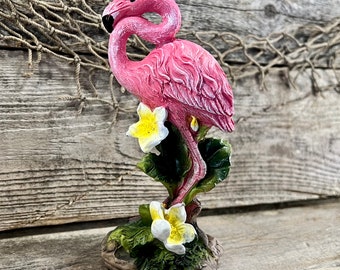 Pink Flamingo Resting with White Tropical Flowers Hand-Painted Unique Florida Tabletop Coastal Figurine