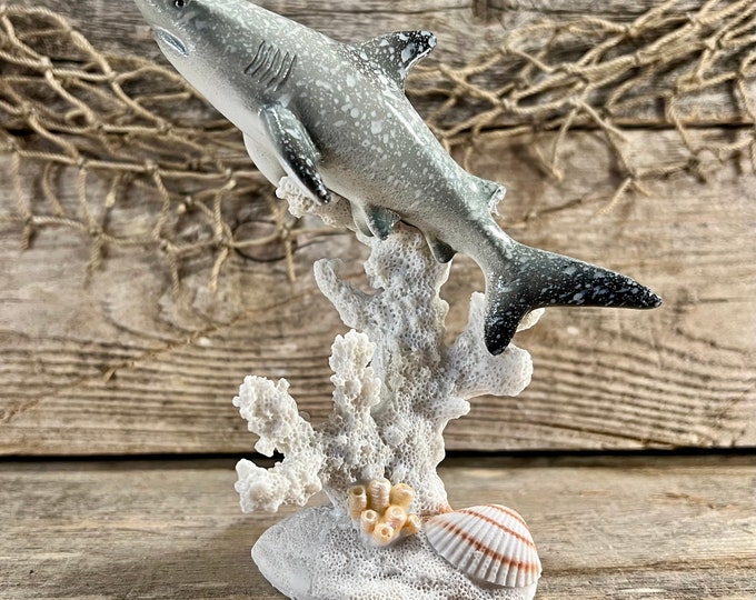 Miniature Blacktip Shark Figurine On White Coral with Seashells Stand Figurine