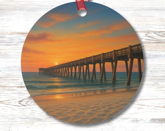 Pensacola Pier Sunset Ornament Round Metal Two Sided Beach Decor Ocean Sunrise Coastal Keepsake Gift for Her or Him Tree or Mirror