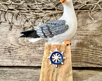 Miniature Hand-Painted Resin Seagull Perched On Wood-Look Block with Nautical Ship Wheel Embellishment Statuette