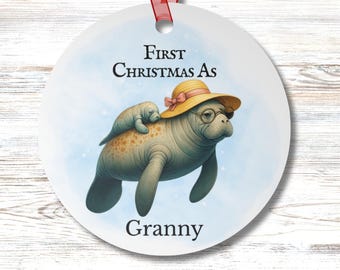 Personalized Grandma & Baby Manatee Ornament: Coastal First Christmas Keepsake
