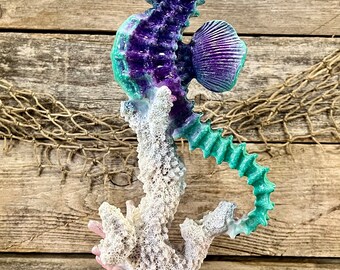 Teal and Purple Polyresin Seahorse On Coral with Seashells and Pink Anemone Tabletop Figurine