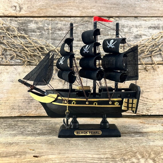 Handcrafted Wood black Pearl Pirate Ship With Jolly Roger Sails Tabletop  Decor 