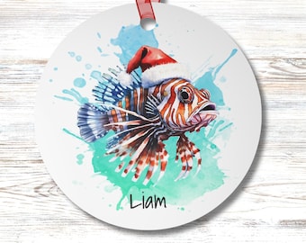 Personalized Lionfish Ornament: Coastal Santa Hat Decor, Ocean Lover Gift
