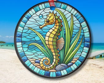 Suncatcher Inspired Seahorse Ornament Round Metal Desk Tree Mirror Charm Happy Seahorse Gripping Sea Grass Coastal Gift Beach Lover Decor