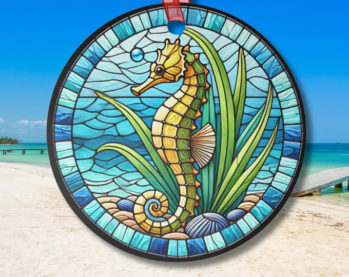 Suncatcher Inspired Seahorse Ornament Round Metal Desk Tree Mirror Charm Happy Seahorse Gripping Sea Grass Coastal Gift Beach Lover Decor