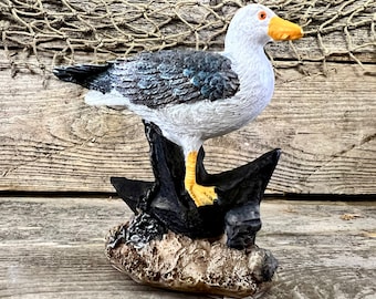 Miniature Hand-Painted Coastal Seagull On Ship Anchor with Chain Tabletop Statuette