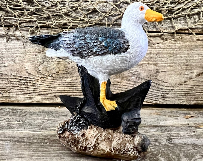 Miniature Hand-Painted Coastal Seagull On Ship Anchor with Chain Tabletop Statuette