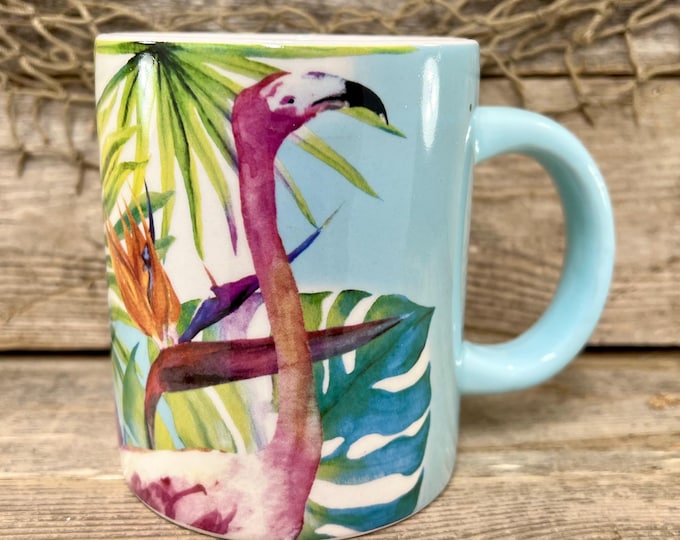 Whimsical 12 Oz. Hand-Painted Blue and White Glazed Ceramic “Peace” Hippy Bus Coffee Mug