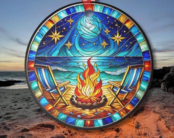 Suncatcher-Inspired Beach Campfire Ornament Metal Coastal Decor Gift for Beach Lovers Hippie Camping Fans Christmas Car Mirror with Ribbon