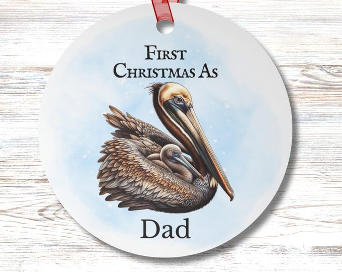 Personalized Pelican First Christmas Ornament Custom Name Dad Brother Uncle Grandpa Coastal Holiday Ocean Bird Round Christmas Gift
