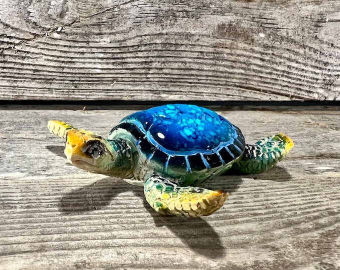 Miniature Polyresin Baby Sea Turtle with Blue Watercolor Shell Figurine